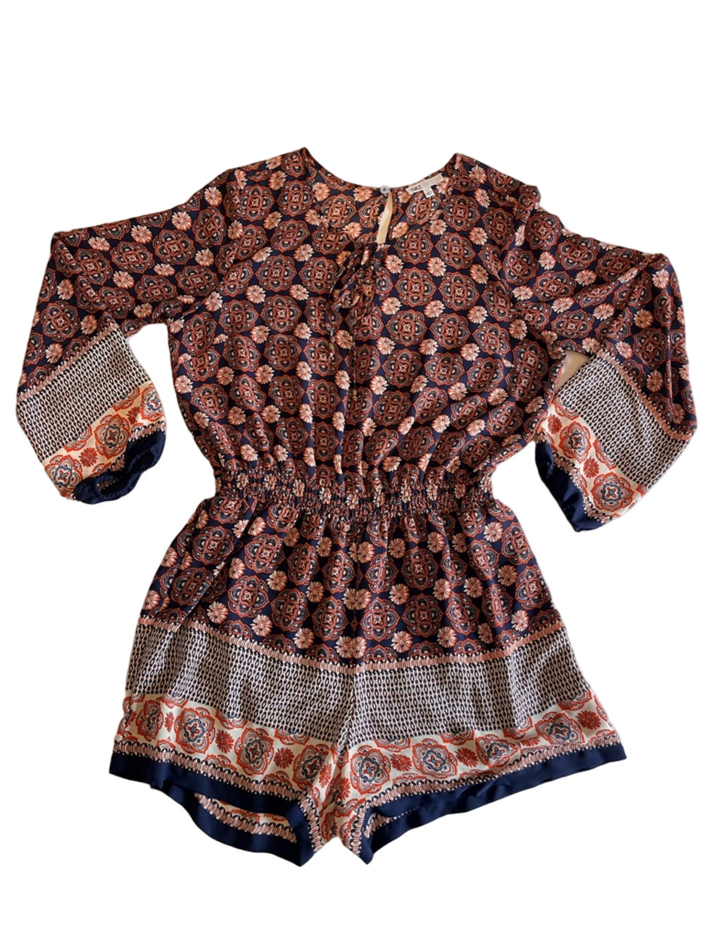 DR2 Daniel Rainn Boho Navy Coral Boho Pattern Long Sleeve Shorts Romper Large